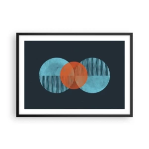 Poster in einem schwarzem Rahmen - Geometrische Kreise in Blau- und Orangetönen - 70x50cm - Symmetrische Komposition - Moderne Wanddekoration für Wohnzimmer und Schlafzimmer ARTTOR