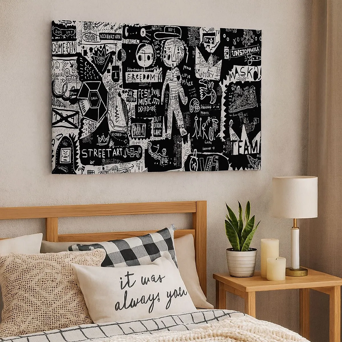 Bild auf Leinwand - Leinwandbild - Von der Straßenkunst inspirierte Schwarz-Weiß-Collage - 70x50cm - Spirituelle Jugend des Gesetzes und der Freude - Moderne Wanddekoration für Wohnzimmer und Schlafzimmer ARTTOR