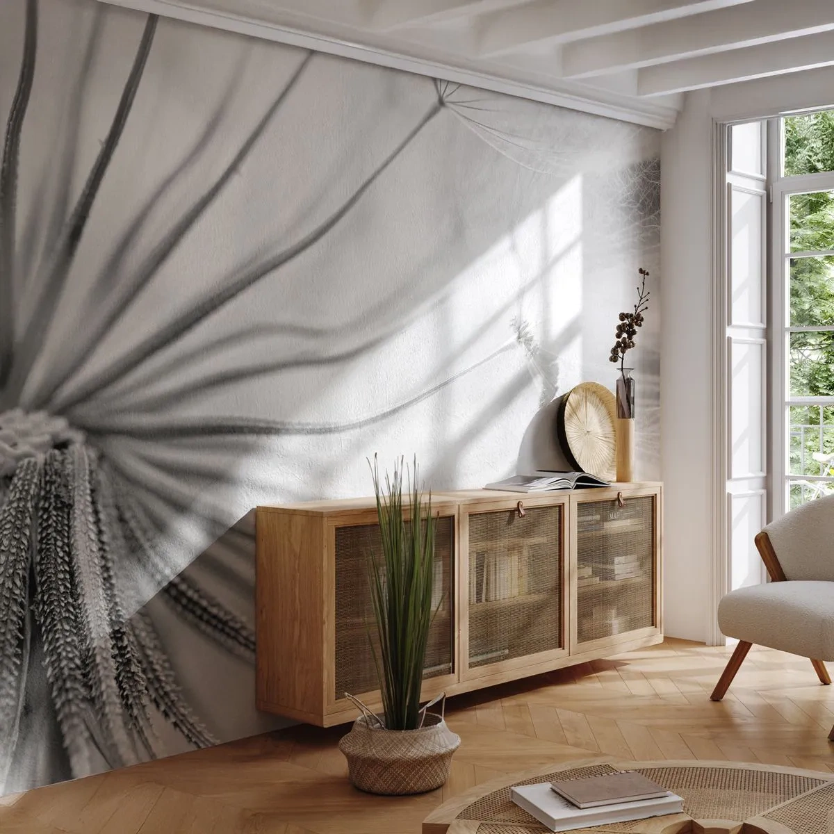Fototapete Premium Canvas - Zarte Pusteblumen in Schwarz-Weiß-Tönen - 100x70cm - Löwenzahn, Drachen - Moderne Wanddekoration für Wohnzimmer und Schlafzimmer ARTTOR