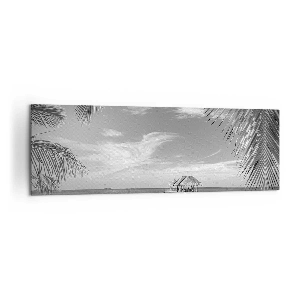 Bild auf Leinwand - Leinwandbild - Schwarz-weißer Strand mit Pier und Palmen an einer tropischen Küste - 160x50cm - Erinnerung oder Traum? - Moderne Wanddekoration für Wohnzimmer und Schlafzimmer ARTTOR