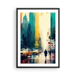 Poster in einem schwarzem Rahmen - Eine bunte Straße einer Großstadt mit gelben Taxis - 50x70cm - New York – selbst der Regen ist hier bunt - Moderne Wanddekoration für Wohnzimmer und Schlafzimmer ARTTOR