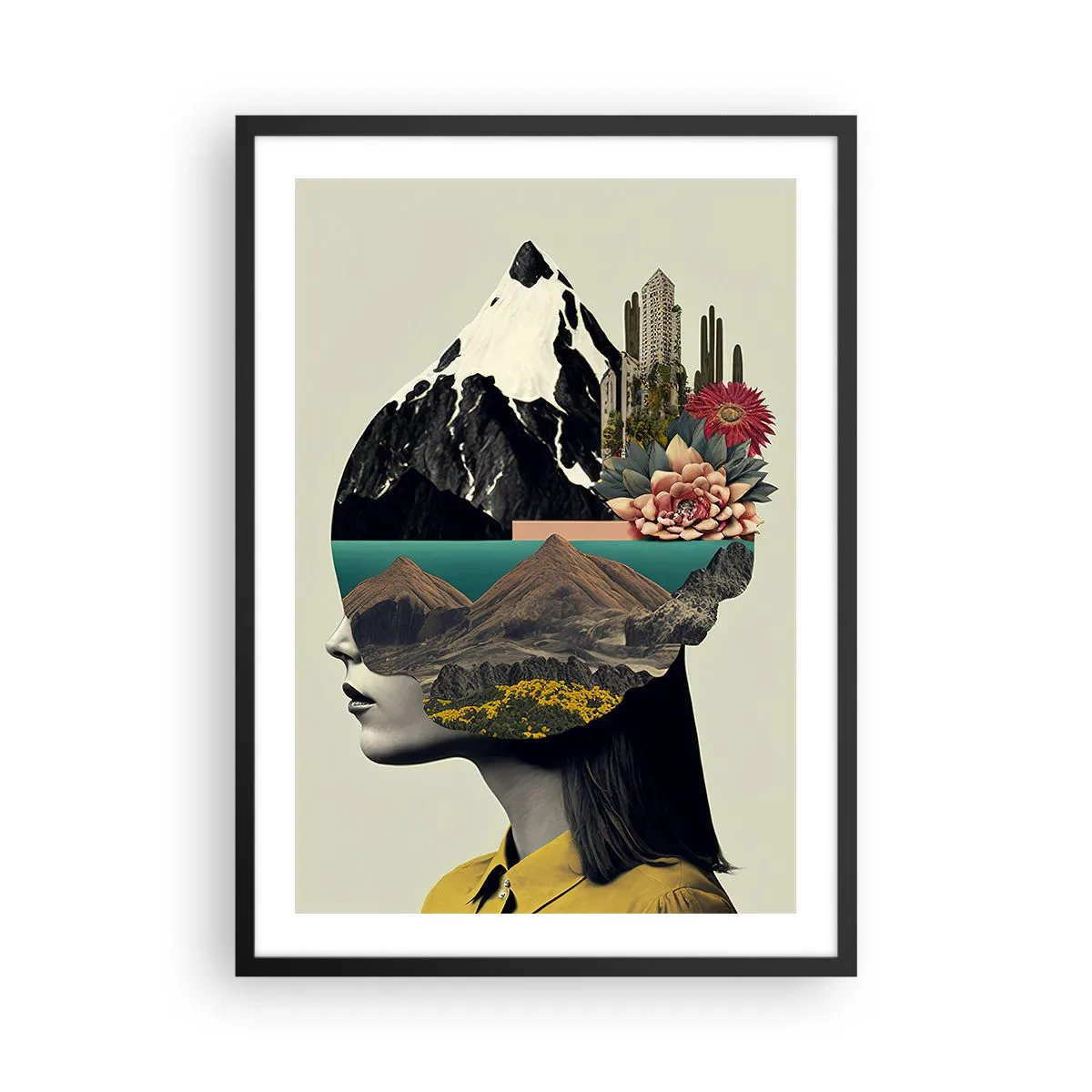 Poster in einem schwarzem Rahmen - Eine Frau mit einer surrealen Landschaft im Kopf - 50x70cm - Frau – bleibt immer ein Geheimnis - Moderne Wanddekoration für Wohnzimmer und Schlafzimmer ARTTOR