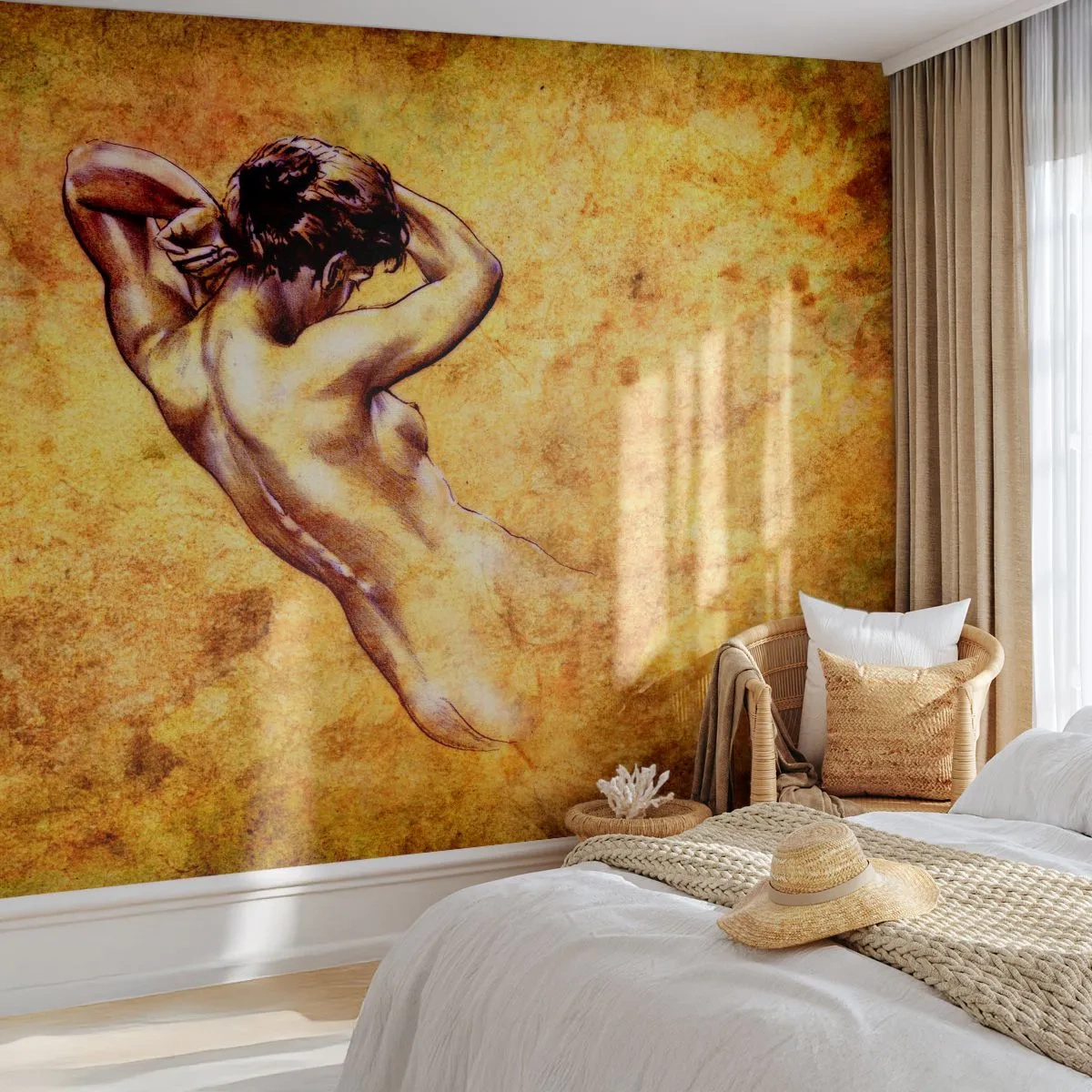 Fototapete Premium Sand - Vintage-Zeichnung einer nackten Frau auf goldenem Hintergrund - 100x70cm - Entdeckt, aber immer noch ein Rätsel - Moderne Wanddekoration für Wohnzimmer und Schlafzimmer ARTTOR
