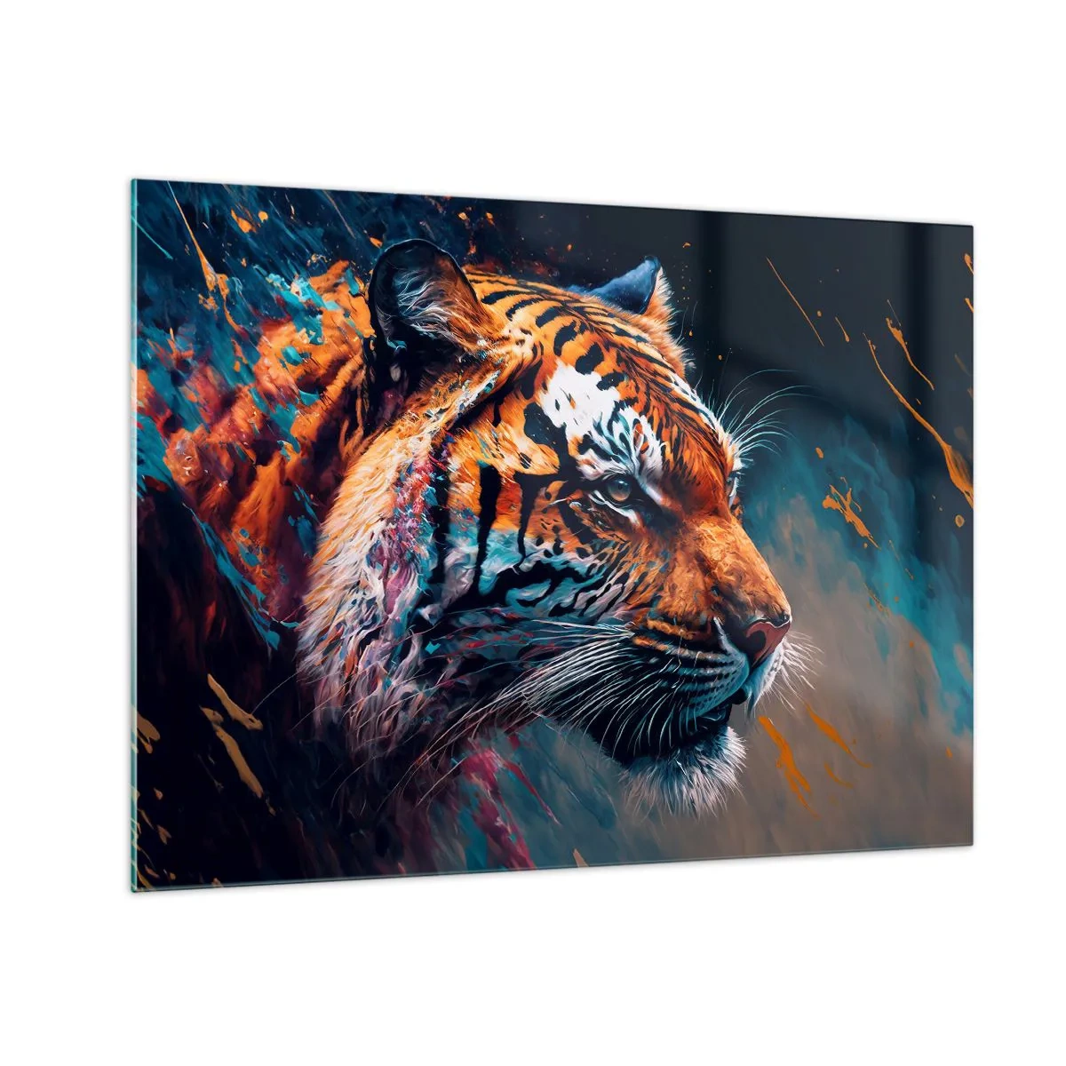 Glasbild - Bild auf glas - Porträt eines Tigers in einer künstlerischen Farbexplosion - 70x50cm - Wilde Schönheit - Moderne Wanddekoration für Wohnzimmer und Schlafzimmer ARTTOR