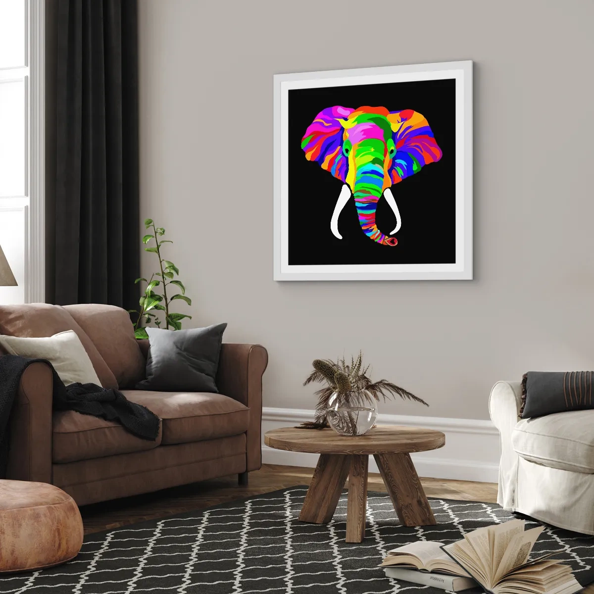 Poster in einem weißen Rahmen - Der Elefant, der es liebte, im Regenbogen zu baden - 40x40 cm