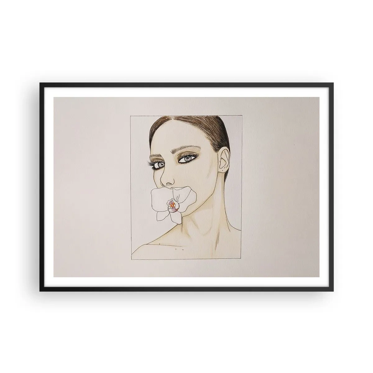 Poster in einem schwarzem Rahmen - Porträt einer Frau mit einer Orchidee in zarten Farben - 100x70cm - Ein Symbol für Eleganz und Schönheit - Moderne Wanddekoration für Wohnzimmer und Schlafzimmer ARTTOR