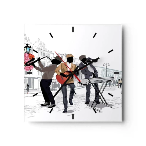 Wanduhr - Glasuhr - Straßenmusiker spielen vor dem Hintergrund einer urbanen Landschaft - 30x30cm - Straßenmusik - Moderne Wanddekoration für Wohnzimmer und Schlafzimmer ARTTOR