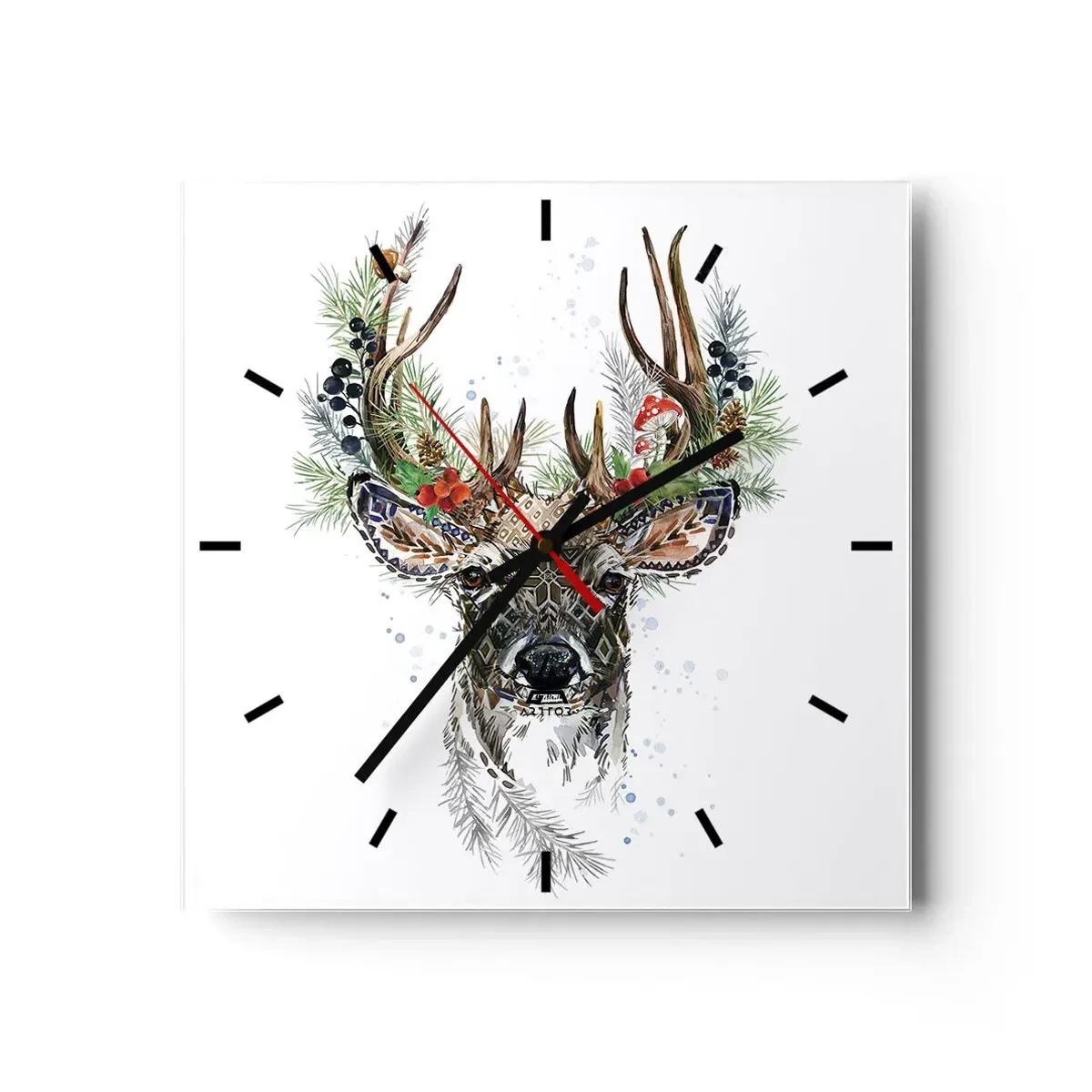 Wanduhr - Glasuhr - Stilisierter Hirsch mit dekorativem Geweih auf weißem Hintergrund - 30x30cm - Im festlichen Gewand - Moderne Wanddekoration für Wohnzimmer und Schlafzimmer ARTTOR