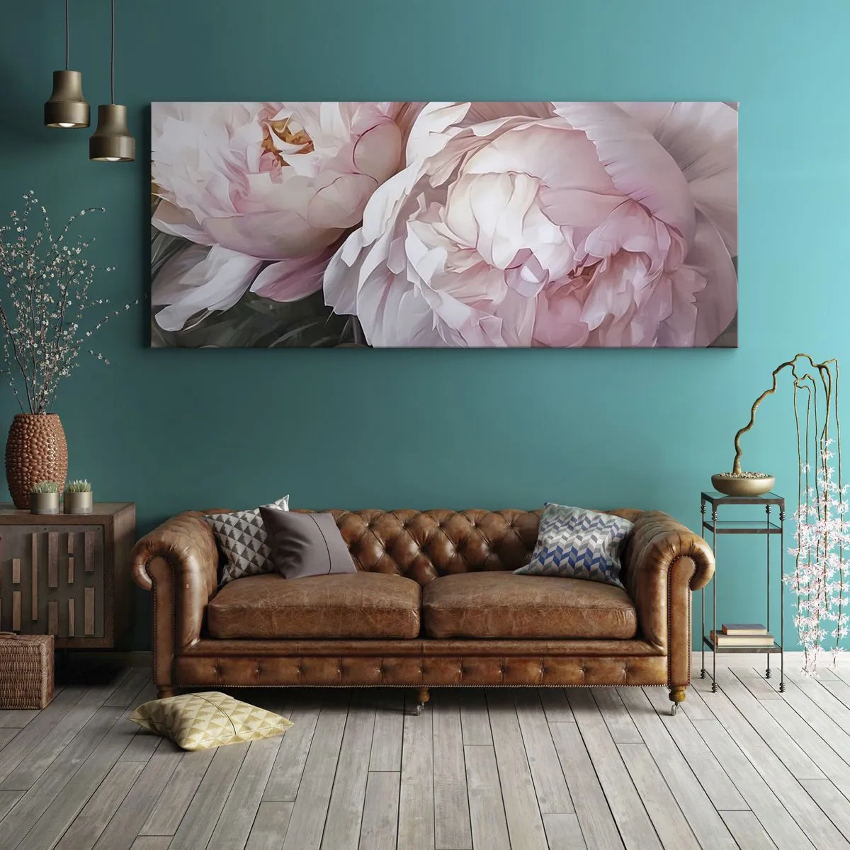 Bild auf Leinwand - Leinwandbild - Zarte rosa Pfingstrosen in voller Blüte - 140x50cm - In der Blüte angehalten - Moderne Wanddekoration für Wohnzimmer und Schlafzimmer ARTTOR
