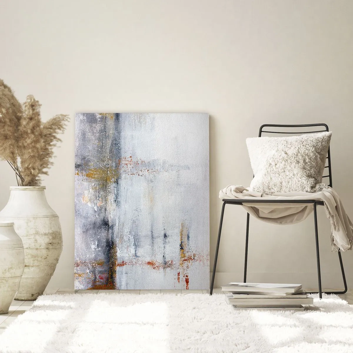 Glasbild - Bild auf glas - Eine abstrakte Landschaft mit verschwommenen Akzenten in Grau und Gold. - 70x100cm - Hinter dem Luftvorhang - Moderne Wanddekoration für Wohnzimmer und Schlafzimmer ARTTOR