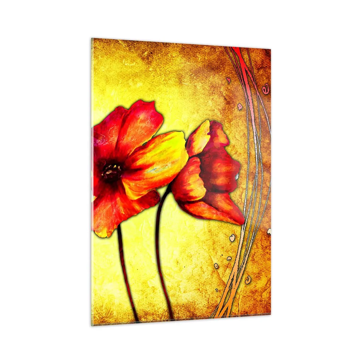 Glasbild - Bild auf glas - Rote Mohnblumen vor einem Hintergrund aus goldenen Farbtönen mit künstlerischen Details - 50x70cm - In Jugendstil-Dekorationen - Moderne Wanddekoration für Wohnzimmer und Schlafzimmer ARTTOR