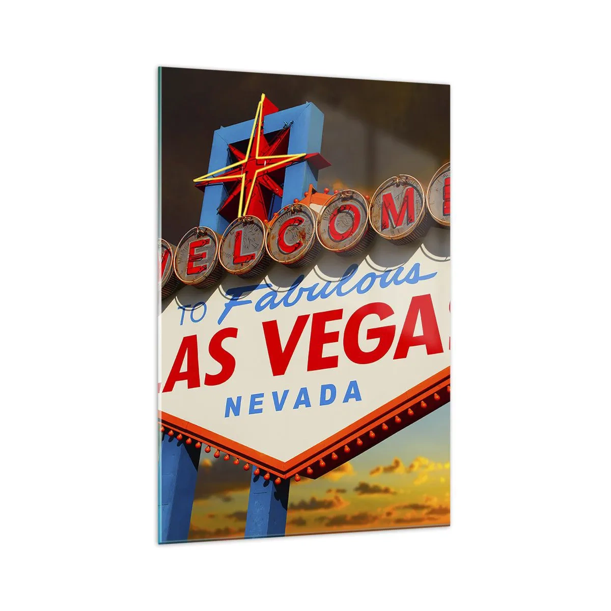 Glasbild - Bild auf glas - Das berühmte Schild „Welcome to Fabulous Las Vegas“ bei Sonnenuntergang - 70x100cm - Für ein Lächeln des Schicksals - Moderne Wanddekoration für Wohnzimmer und Schlafzimmer ARTTOR