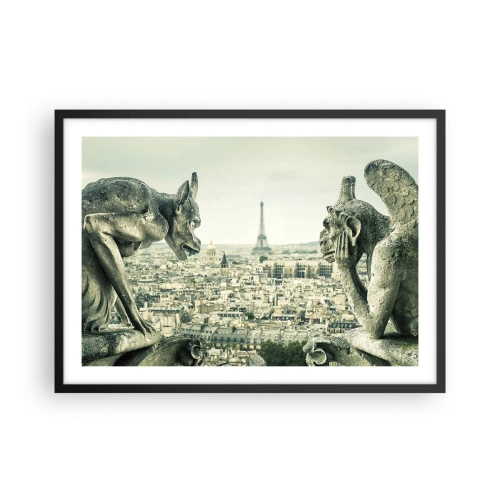 Poster in einem schwarzem Rahmen - Wasserspeier mit Blick auf die Skyline von Paris und den Eiffelturm - 70x50cm - Pariser Plaudern - Moderne Wanddekoration für Wohnzimmer und Schlafzimmer ARTTOR