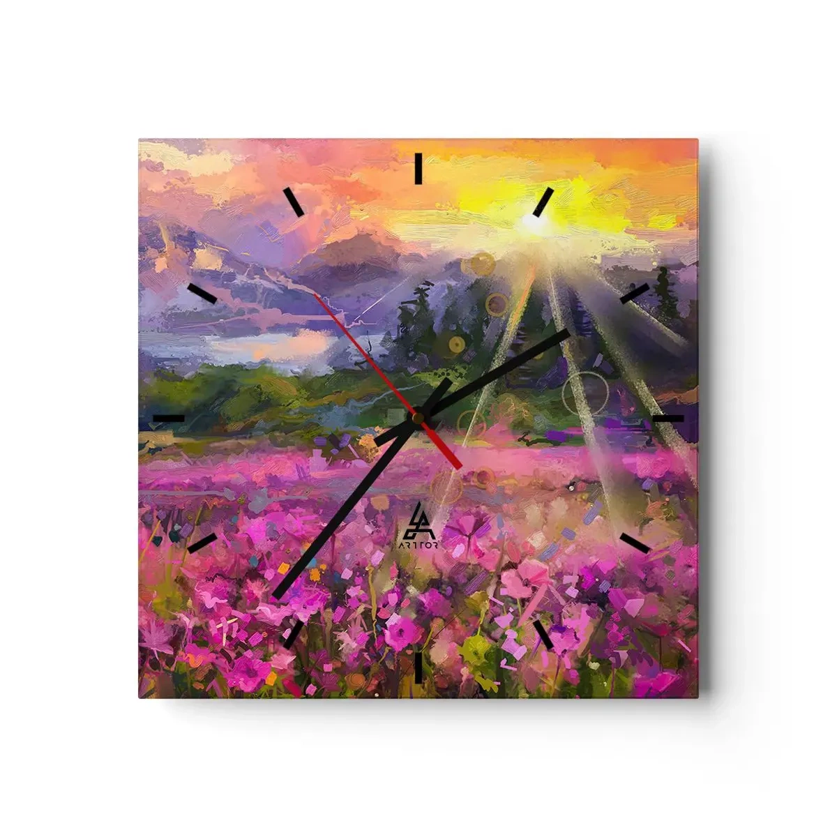 Wanduhr - Glasuhr - Eine malerische Wiese in den Strahlen der untergehenden Sonne - 30x30cm - Im Tal unter dem Schutz der Sonne - Moderne Wanddekoration für Wohnzimmer und Schlafzimmer ARTTOR