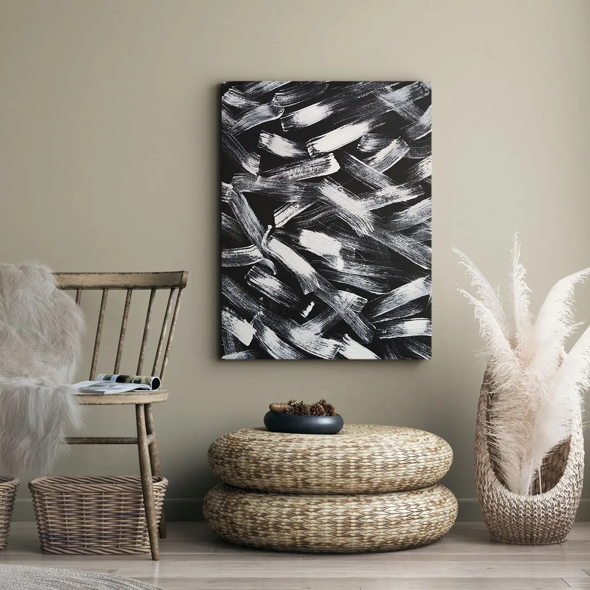 Bild auf Leinwand - Leinwandbild - Dynamische Abstraktion mit weißen Pinselstrichen auf schwarzem Hintergrund. - 50x70cm - Abstraktion im industriellen Geist - Moderne Wanddekoration für Wohnzimmer und Schlafzimmer ARTTOR