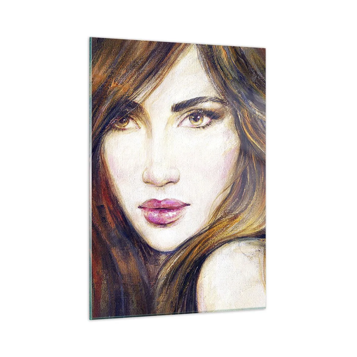 Glasbild - Bild auf glas - Porträt einer Frau in warmen, künstlerischen Farben - 50x70cm - Einen Penny für deine Gedanken - Moderne Wanddekoration für Wohnzimmer und Schlafzimmer ARTTOR