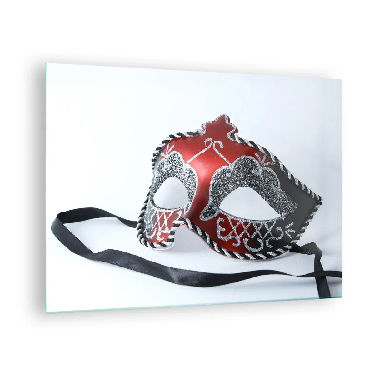 Glasbild - Bild auf glas - Karnevalsmaske in Rot und Silber - 70x50cm - Einladung zum Abschlussball - Moderne Wanddekoration für Wohnzimmer und Schlafzimmer ARTTOR