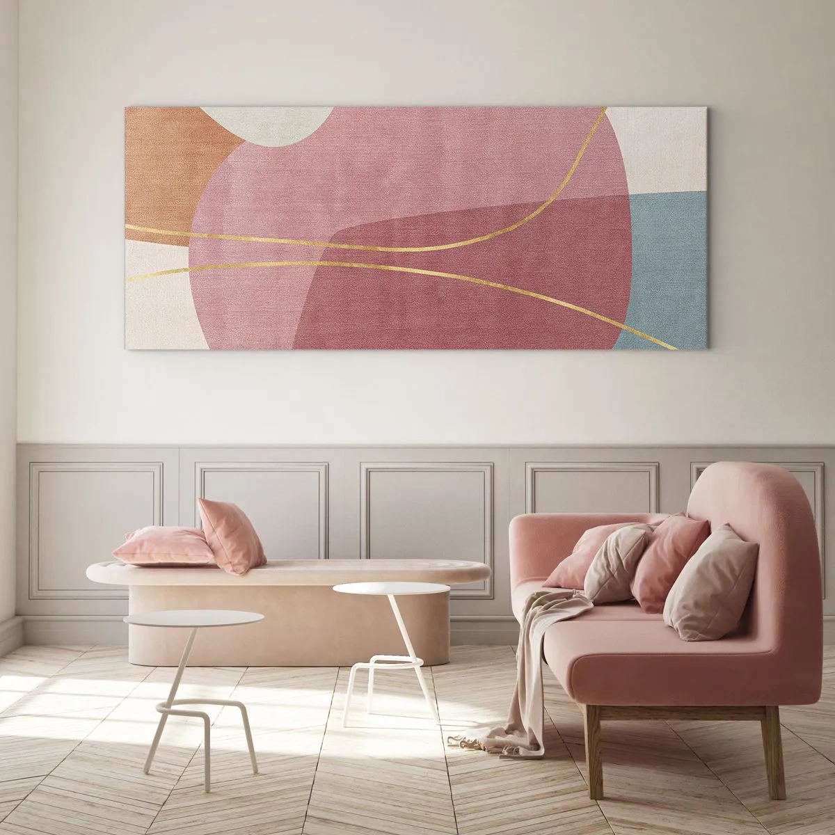 Glasbild - Bild auf glas - Pastellkomposition mit Goldfaden - 100x40 cm