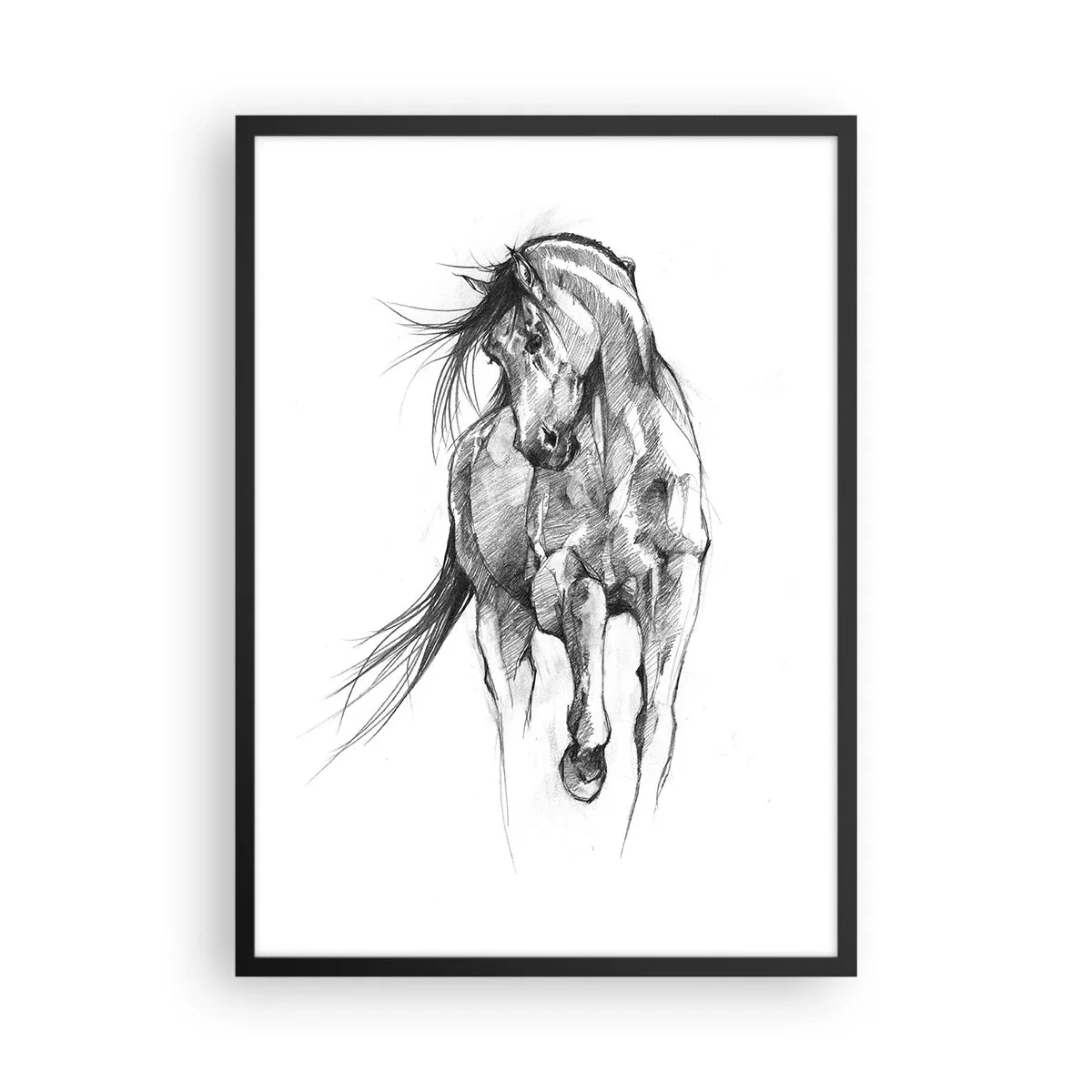 Poster in einem schwarzem Rahmen - Skizze eines Pferdes in dynamischer Pose - 50x70cm - Im anmutigen Trab - Moderne Wanddekoration für Wohnzimmer und Schlafzimmer ARTTOR