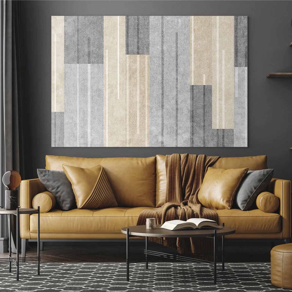 Glasbild - Bild auf glas - Geometrische Streifen in Grau- und Beigetönen - 70x50cm - Komposition: Vertikal halten - Moderne Wanddekoration für Wohnzimmer und Schlafzimmer ARTTOR