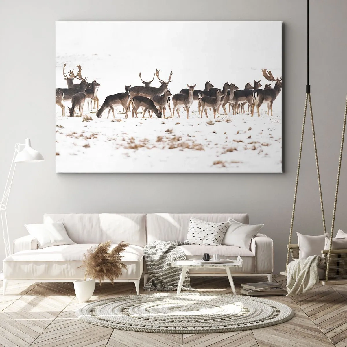 Bild auf Leinwand - Leinwandbild - Eine Herde Hirsche vor einem verschneiten Hintergrund - 70x50cm - Kommen die Weihnachten? - Moderne Wanddekoration für Wohnzimmer und Schlafzimmer ARTTOR