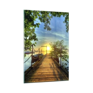 Glasbild - Bild auf glas - Ein Pier über dem See in den Strahlen des Sonnenuntergangs - 80x120cm - Westen auf dem Wasser - Moderne Wanddekoration für Wohnzimmer und Schlafzimmer ARTTOR