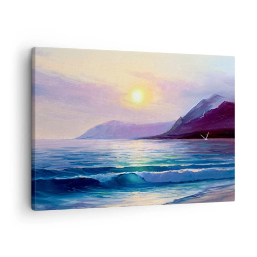 Bild auf Leinwand - Leinwandbild - Eine malerische Meereslandschaft bei Sonnenuntergang mit Wellen und Bergen - 70x50cm - Wasser- und Luftkristall - Moderne Wanddekoration für Wohnzimmer und Schlafzimmer ARTTOR