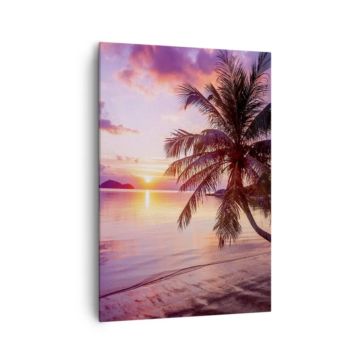 Bild auf Leinwand - Leinwandbild - Tropischer Strand mit Palmen bei Sonnenuntergang - 70x100cm - Behaglichkeit bis zum Horizont - Moderne Wanddekoration für Wohnzimmer und Schlafzimmer ARTTOR