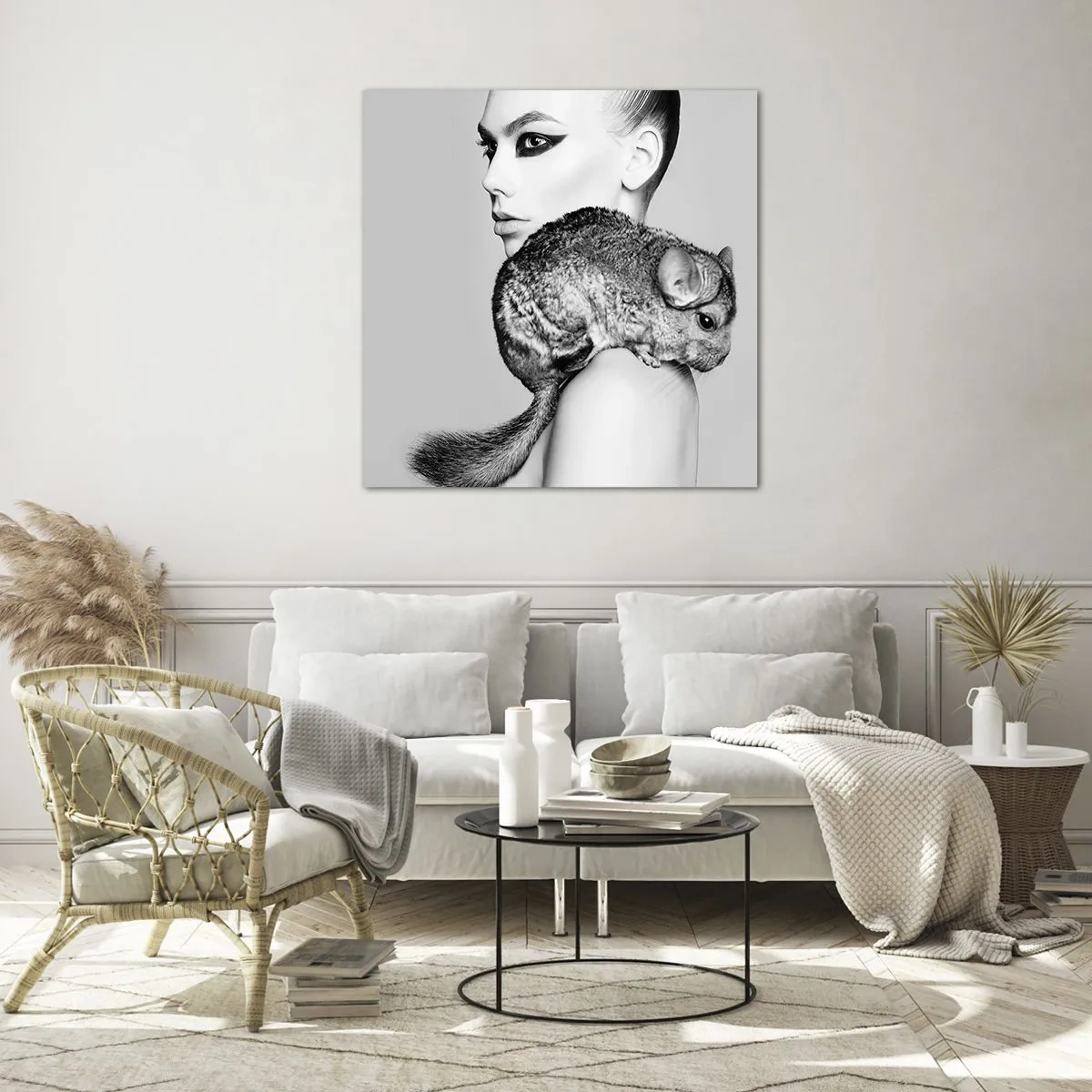 Glasbild - Bild auf glas - Dame mit einem Chinchilla - 50x50 cm