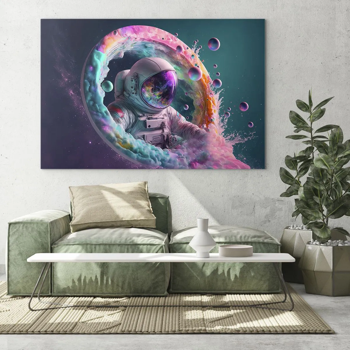 Glasbild - Bild auf glas - Astronaut im farbenfrohen Weltraum - 120x80cm - Sternentor - Moderne Wanddekoration für Wohnzimmer und Schlafzimmer ARTTOR