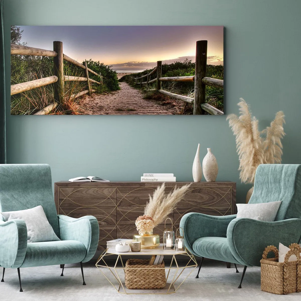 Bild auf Leinwand - Leinwandbild - Holzweg in den Dünen, der bei Sonnenuntergang zum Strand führt - 160x50cm - Das Ziel ist bereits sichtbar - Moderne Wanddekoration für Wohnzimmer und Schlafzimmer ARTTOR