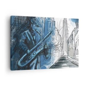 Bild auf Leinwand - Leinwandbild - Eine Saxophon spielende Figur vor dem Hintergrund einer Stadt - 70x50cm - Urbane Rhapsodie - Moderne Wanddekoration für Wohnzimmer und Schlafzimmer ARTTOR