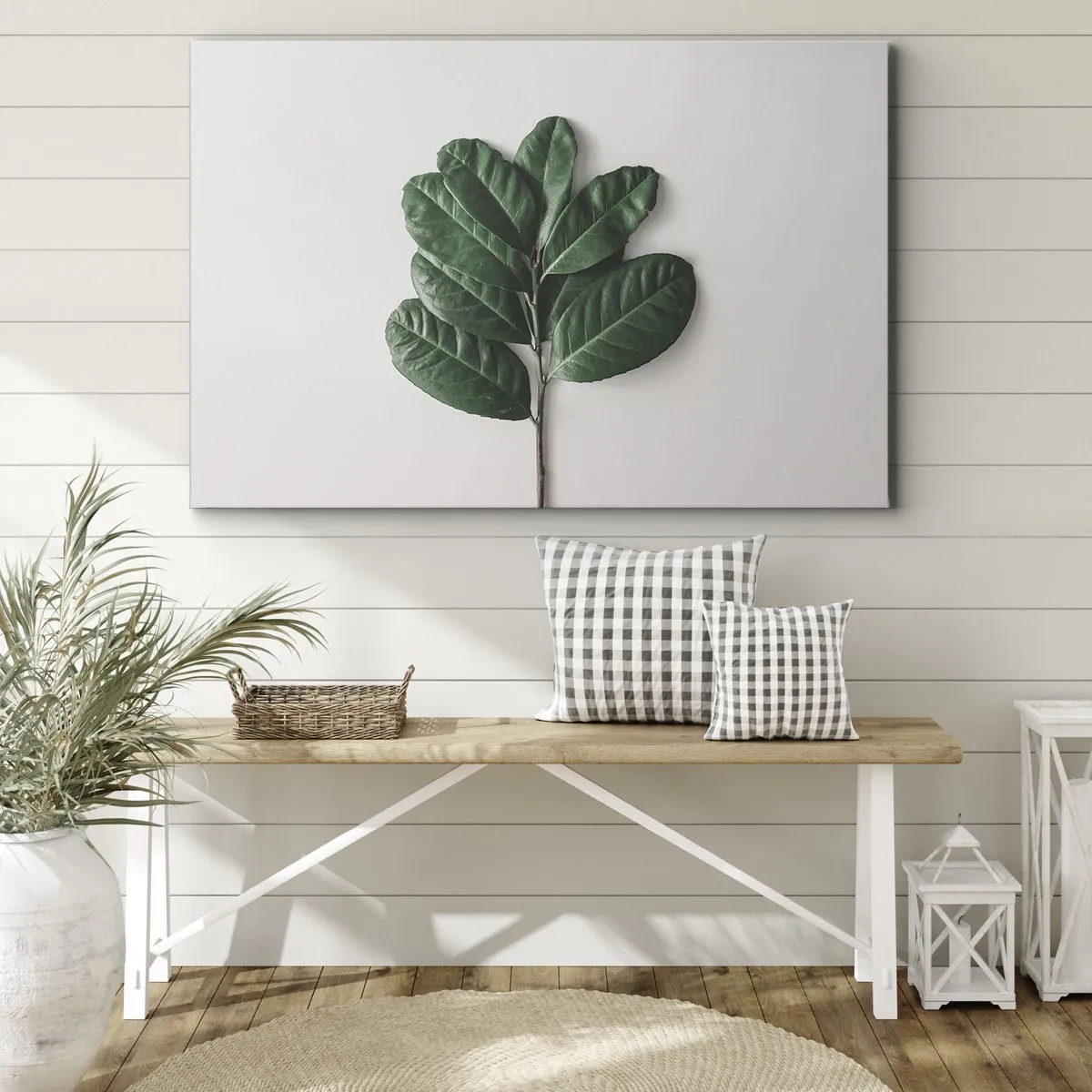 Bild auf Leinwand - Leinwandbild - Ein Zweig grüner Blätter auf hellem Hintergrund - 100x70cm - Eine Zeichnung purer Natur - Moderne Wanddekoration für Wohnzimmer und Schlafzimmer ARTTOR