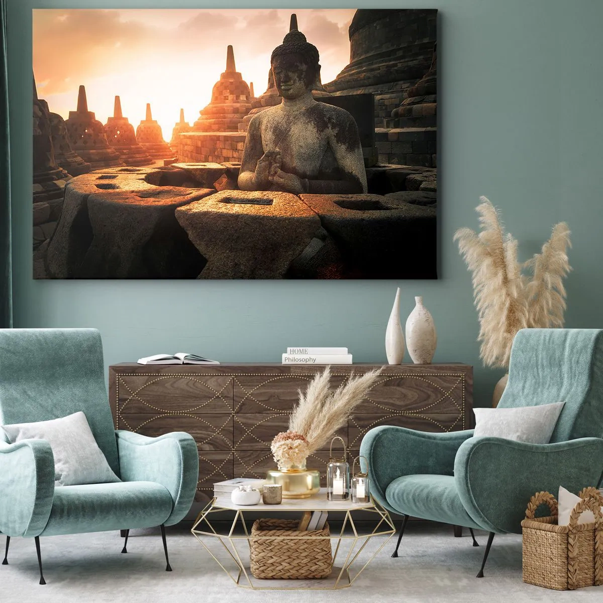 Bild auf Leinwand - Leinwandbild - Buddha-Statue im Borobudur-Tempel bei Sonnenuntergang - 100x70cm - Wetter der großen Weisheit - Moderne Wanddekoration für Wohnzimmer und Schlafzimmer ARTTOR