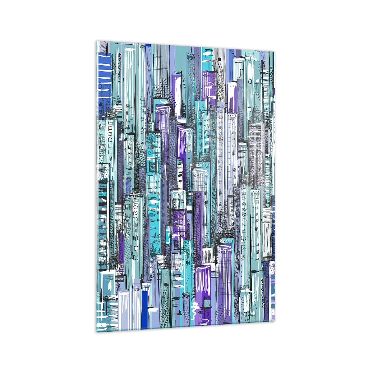 Glasbild - Bild auf glas - Illustration einer Stadt mit geometrischen Gebäuden in Blau- und Lilatönen. - 70x100cm - Bläulich von dem Himmel - Moderne Wanddekoration für Wohnzimmer und Schlafzimmer ARTTOR