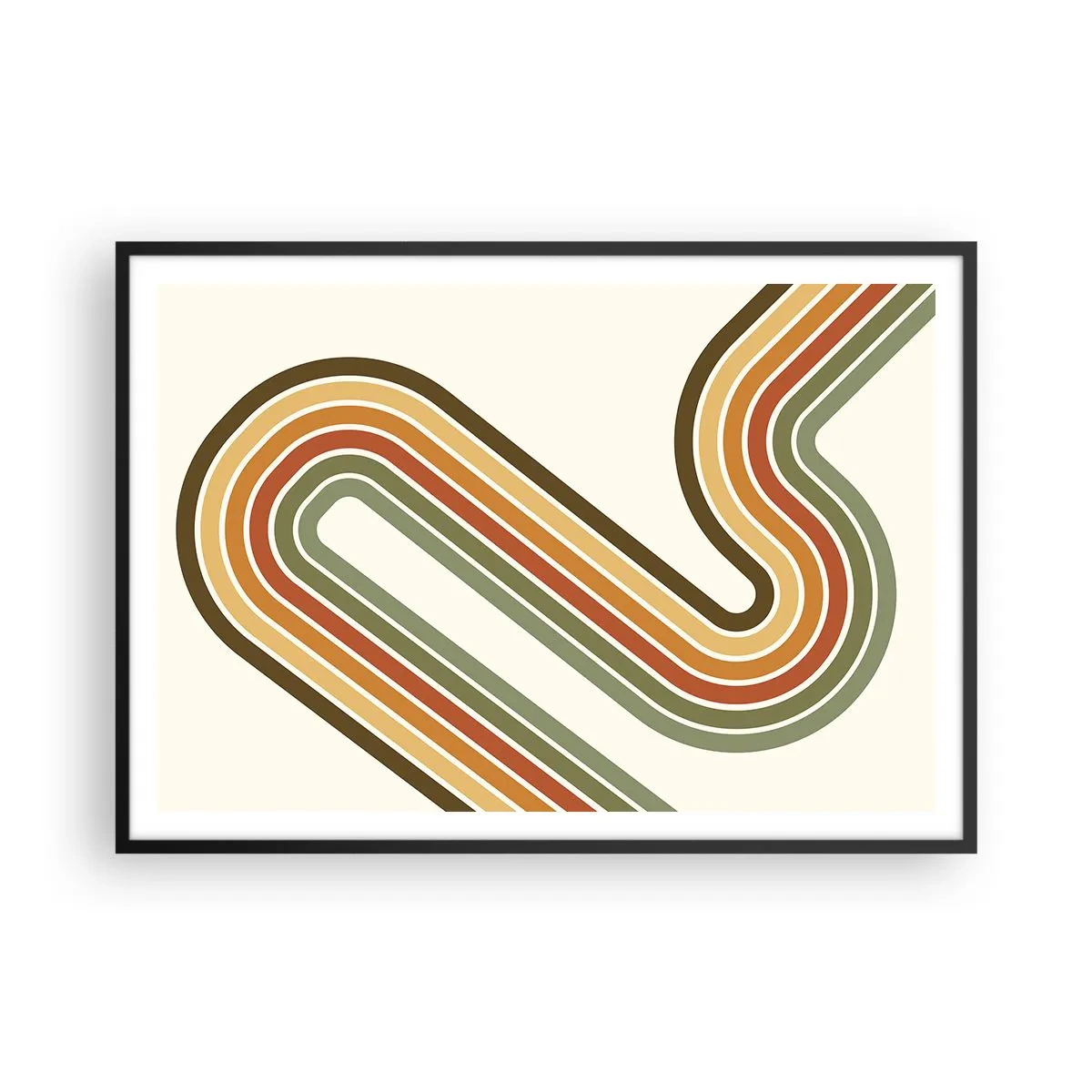 Poster in einem schwarzem Rahmen - Geometrisches Muster in Grün-, Orange- und Beigetönen auf hellem Hintergrund - 100x70cm - Zickzack zum Ziel - Moderne Wanddekoration für Wohnzimmer und Schlafzimmer ARTTOR