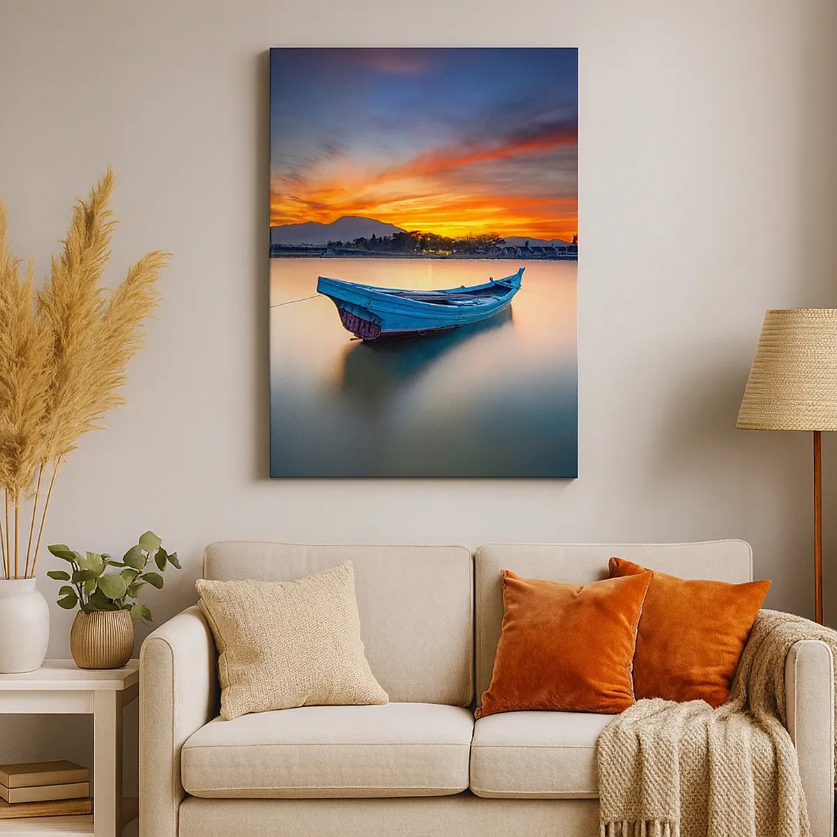 Bild auf Leinwand - Leinwandbild - Ein Boot auf dem Wasser während eines malerischen Sonnenuntergangs - 50x70cm - Eine gute Nacht kommt - Moderne Wanddekoration für Wohnzimmer und Schlafzimmer ARTTOR