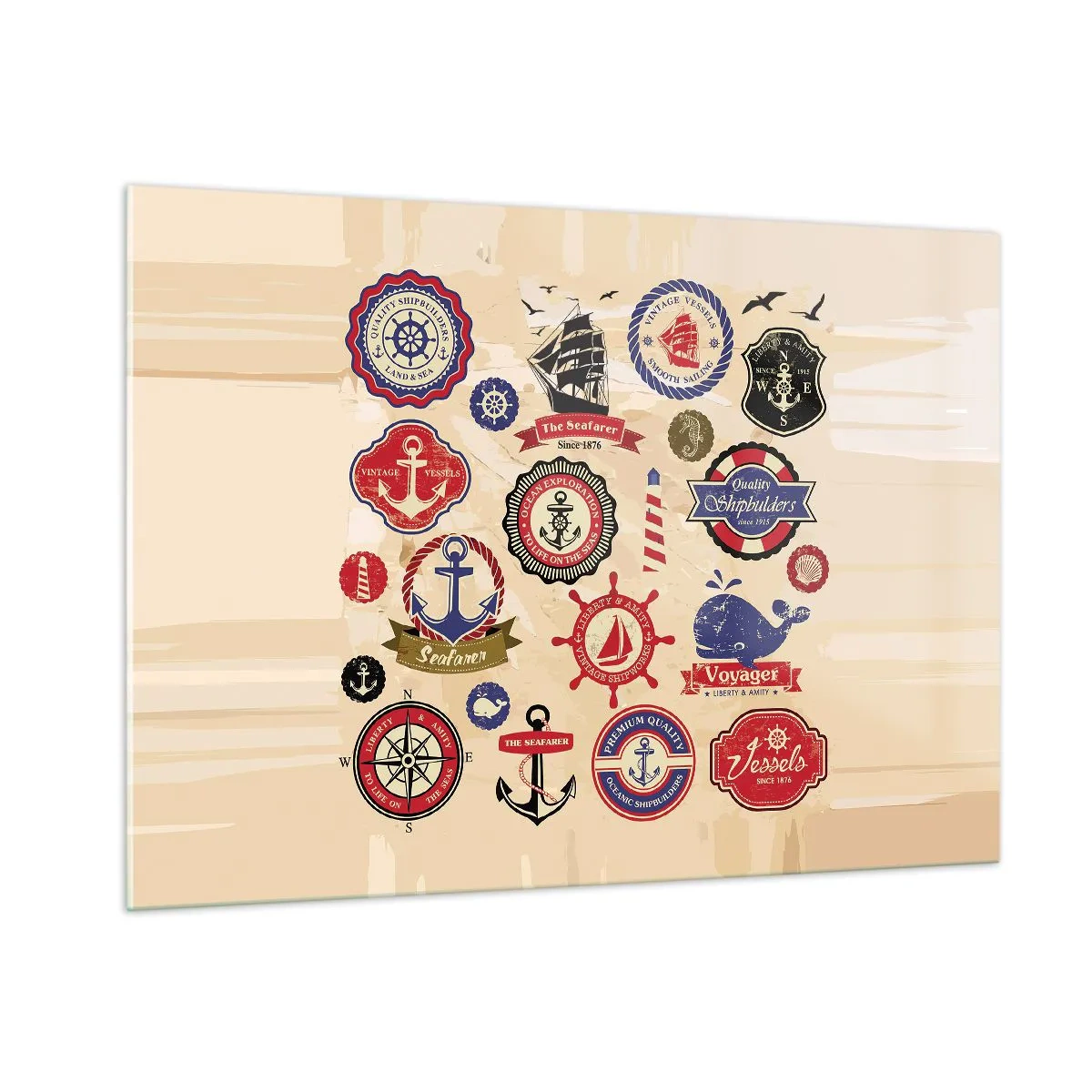 Glasbild - Bild auf glas - Nautische Embleme und Symbole auf beigem Hintergrund - 100x70cm - Segelbruderschaft - Moderne Wanddekoration für Wohnzimmer und Schlafzimmer ARTTOR