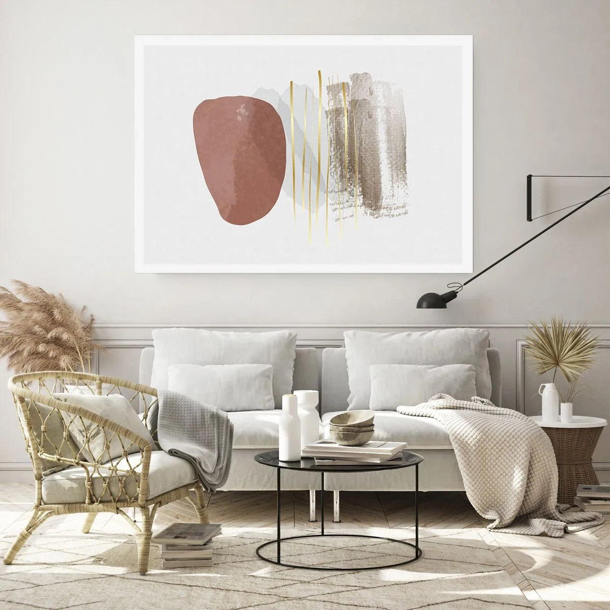 Poster - Abstrakte Komposition in Beige- und Goldtönen - 100x70cm - Abstrakte Kolonnade - Moderne Wanddekoration für Wohnzimmer und Schlafzimmer ARTTOR