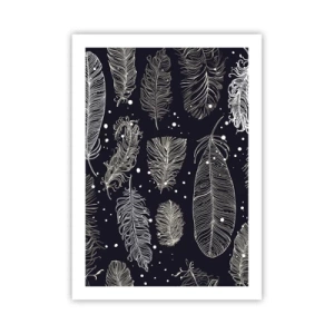 Poster - Weiße Federn auf schwarzem Hintergrund in elegantem Arrangement - 50x70cm - Gefiederte Spitze - Moderne Wanddekoration für Wohnzimmer und Schlafzimmer ARTTOR