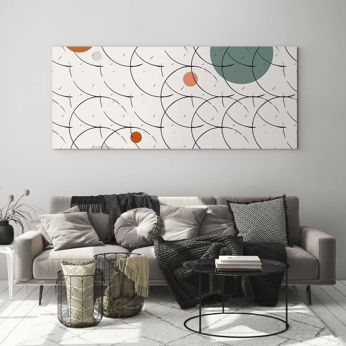 Glasbild - Bild auf glas - Geometrisches Muster mit bunten Kreisen auf hellem Hintergrund - 160x50cm - Im Pop-Art-Geist - Moderne Wanddekoration für Wohnzimmer und Schlafzimmer ARTTOR