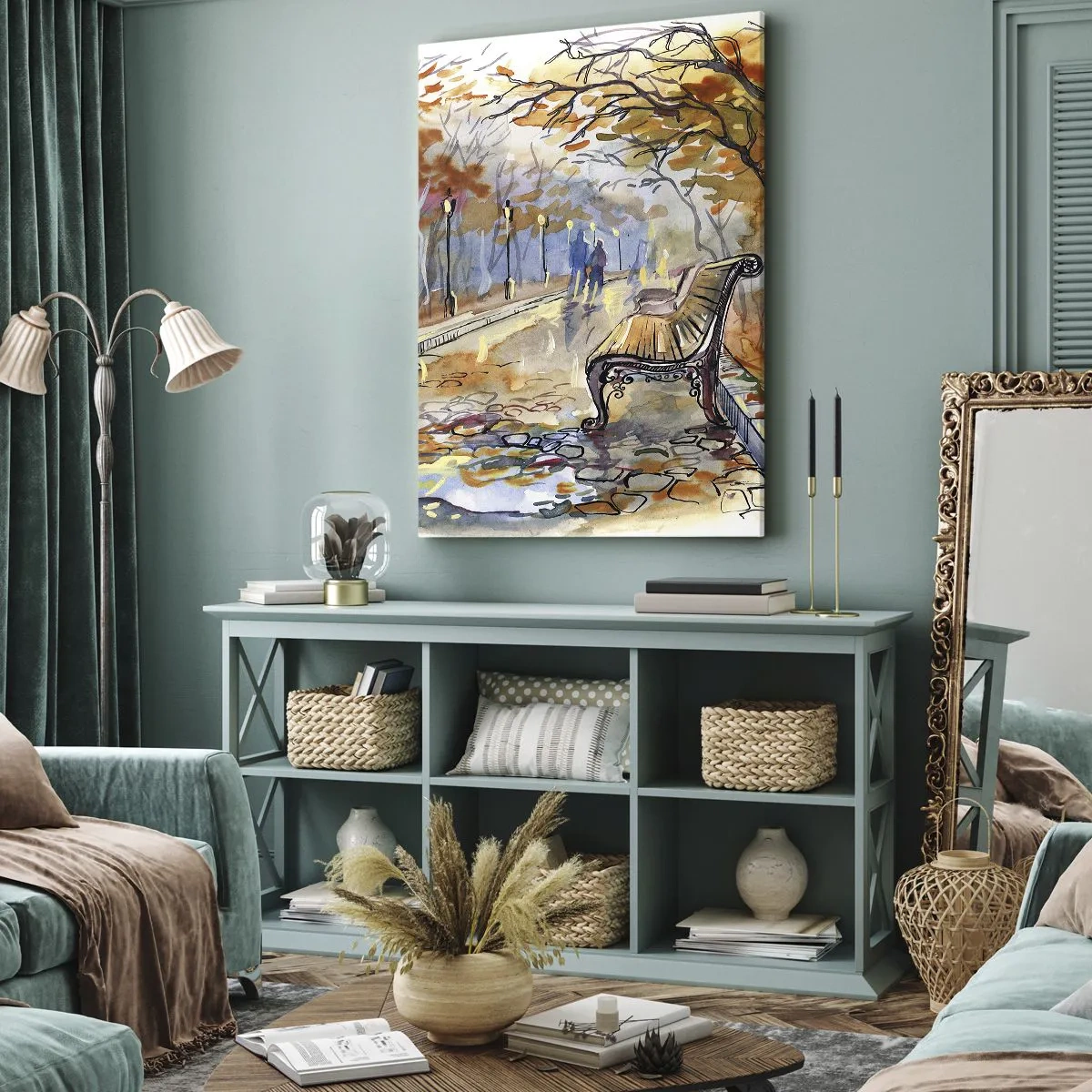 Bild auf Leinwand - Leinwandbild - Ein herbstlicher Park mit einer Bank in Aquarell - 70x100cm - Gemeinsam im Herbst wandern - Moderne Wanddekoration für Wohnzimmer und Schlafzimmer ARTTOR