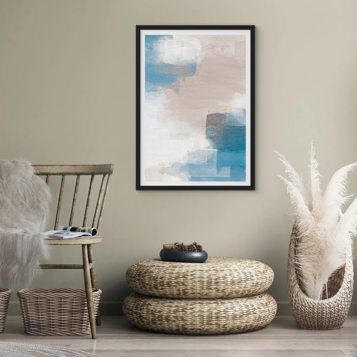 Poster in einem schwarzem Rahmen - Abstrakte Komposition in Blau- und Beigetönen - 50x70cm - Rosa Abstraktion hinter einem blauen Vorhang - Moderne Wanddekoration für Wohnzimmer und Schlafzimmer ARTTOR