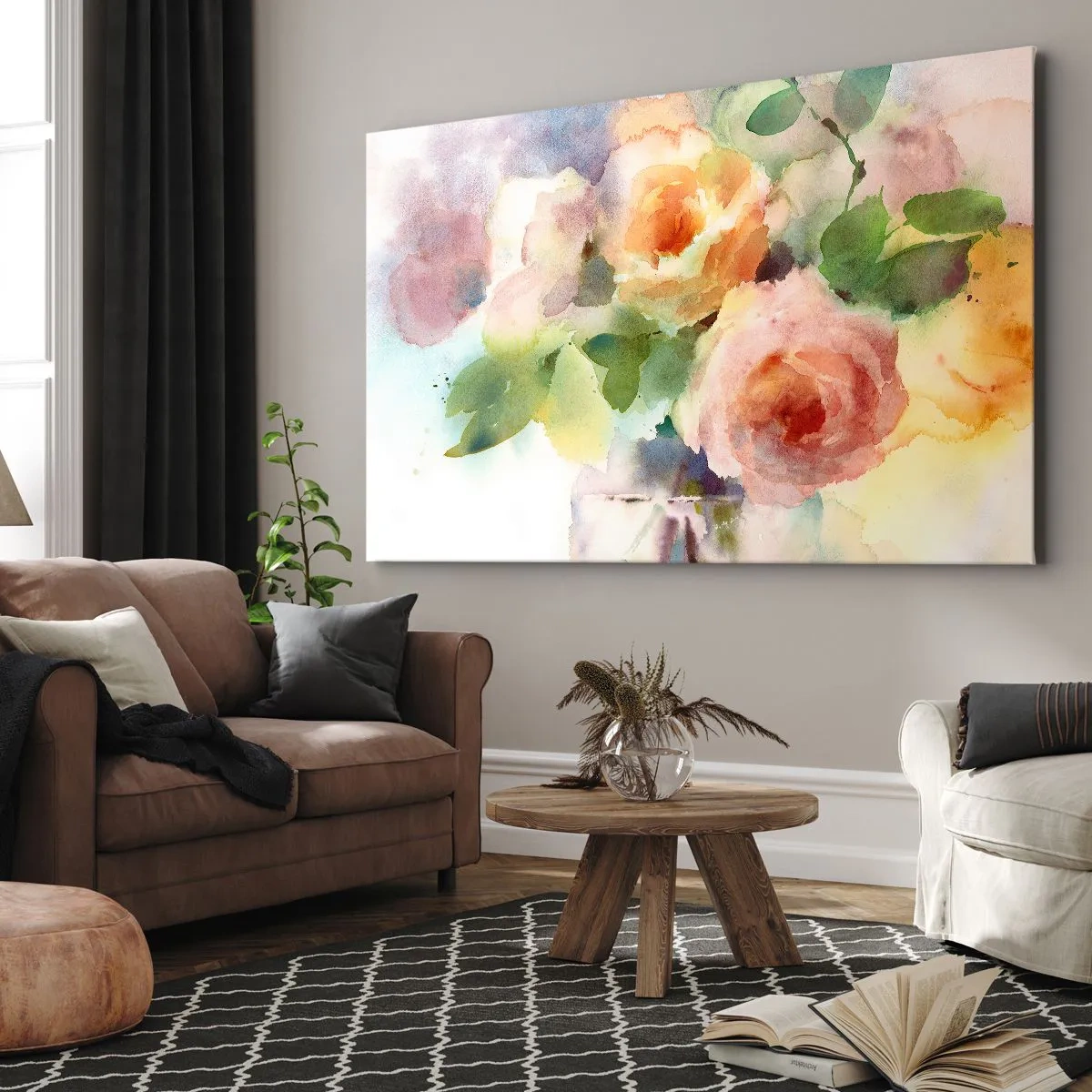 Bild auf Leinwand - Leinwandbild - Zarte Rosen im Aquarell-Stil auf hellem Hintergrund - 100x70cm - Zart wie Aquarell - Moderne Wanddekoration für Wohnzimmer und Schlafzimmer ARTTOR