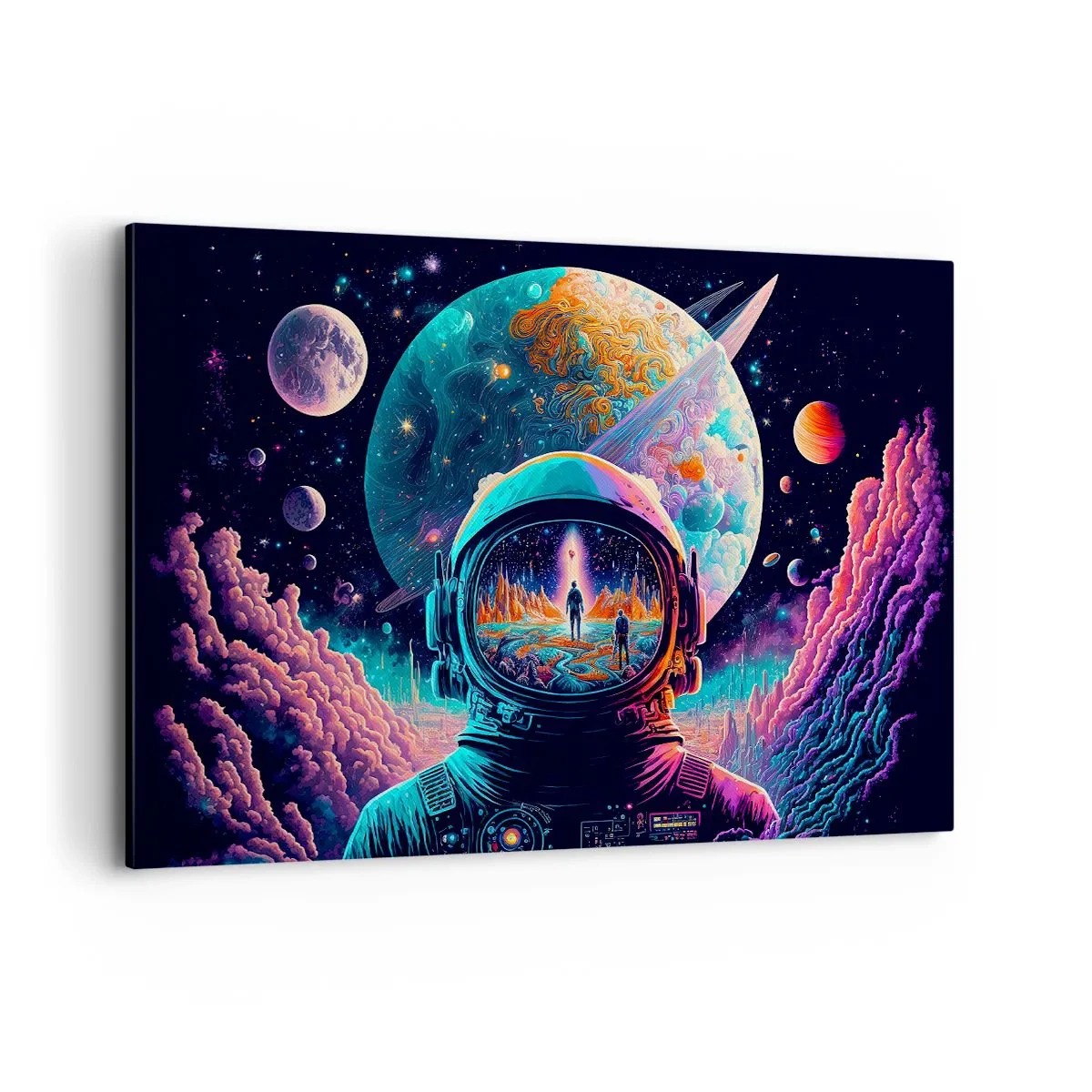 Bild auf Leinwand - Leinwandbild - Astronaut im Weltraum mit einer farbenfrohen Planetenlandschaft - 120x80cm - Philosophen haben nicht davon geträumt - Moderne Wanddekoration für Wohnzimmer und Schlafzimmer ARTTOR