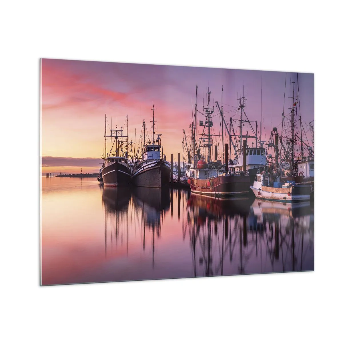 Glasbild - Bild auf glas - Fischerboote bei Sonnenuntergang in einem ruhigen Hafen - 100x70cm - Vor dem nächsten Tag - Moderne Wanddekoration für Wohnzimmer und Schlafzimmer ARTTOR