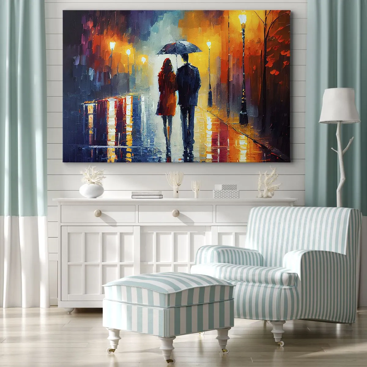 Bild auf Leinwand - Leinwandbild - Ein Paar unter einem Regenschirm, das durch eine farbenfrohe Nachtstadt spaziert - 120x80cm - Gemeinsam – eine bunte Nacht - Moderne Wanddekoration für Wohnzimmer und Schlafzimmer ARTTOR