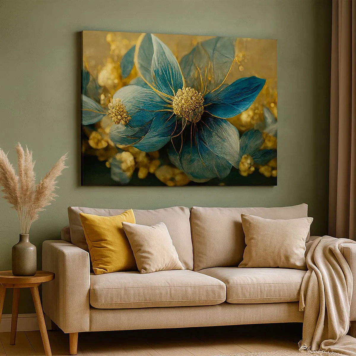 Bild auf Leinwand - Leinwandbild - Elegante Blumen in Blau- und Goldtönen - 70x50cm - Mit Gold blühen - Moderne Wanddekoration für Wohnzimmer und Schlafzimmer ARTTOR