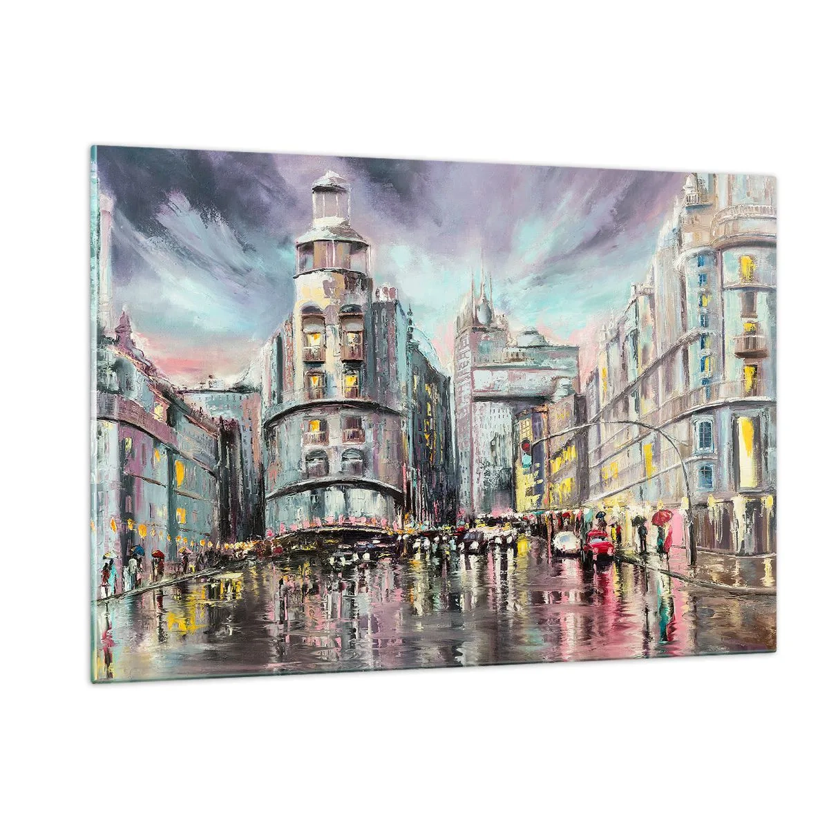 Glasbild - Bild auf glas - Eine Stadtstraße im Regen mit einer spektakulären Lichtreflexion - 120x80cm - Es wird ein gelungener Abend - Moderne Wanddekoration für Wohnzimmer und Schlafzimmer ARTTOR