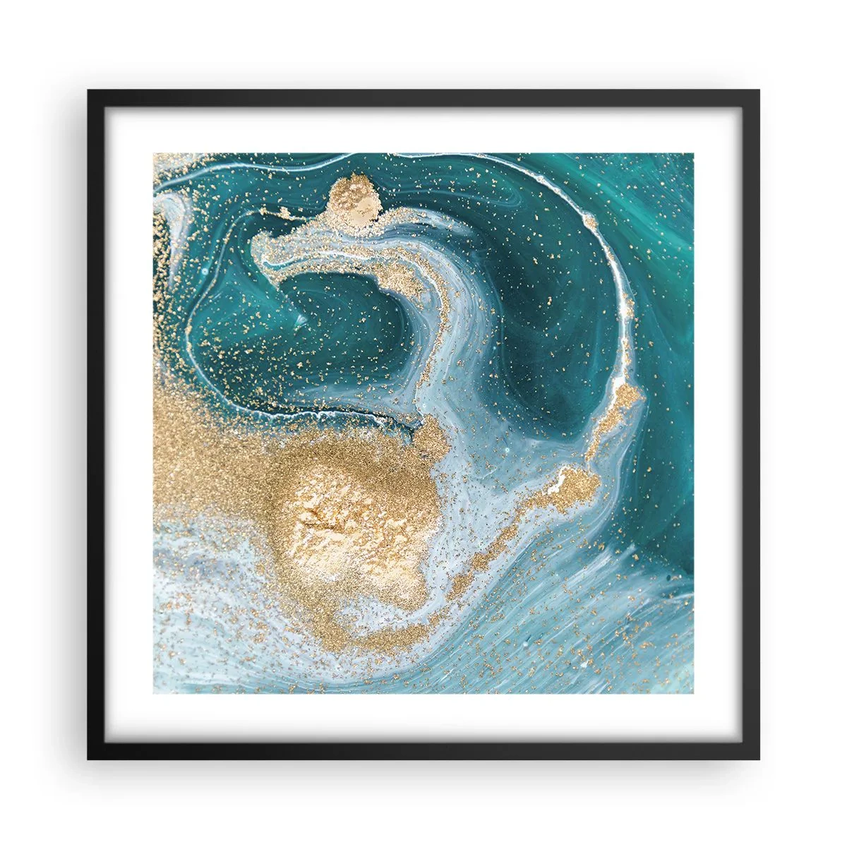Poster in einem schwarzem Rahmen - Ein Strudel aus Gold und Türkis - 50x50 cm